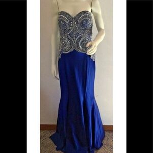 Beaded strapless Blue Silver Maxi Dress Size 44 (US 10/12)